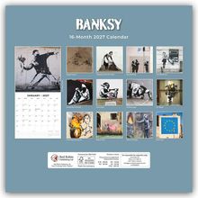 "BANKSY 16-Month 2027 Calendar" steht oben. Enthält Bilder von bekannten Banksy-Werken, wie "Happy Choppers" und "Cash Machine Girl".