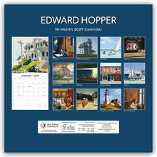 "EDWARD HOPPER 16-Month 2027 Calendar" steht oben. Kunstwerke wie "Nighthawks" und "Gas" sind als kleine Bilder gezeigt.