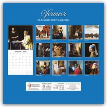 „Vermeer 16-Month 2027 Calendar“. Zeigt zwölf Gemälde von Vermeer mit einem Januar-Kalenderblatt links.