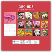 "ORCHIDS 16-Month 2027 Calendar" zeigt Fotos verschiedener bunter Orchideenblüten auf rotem Hintergrund.
