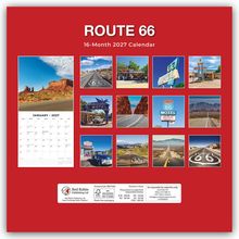 "ROUTE 66, 16-Month 2027 Calendar" steht oben. Darunter sind verschiedene Fotos von Straßen und Motiven entlang der Route 66.