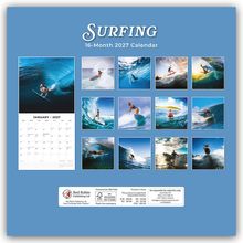 "Surfing - 16 Month 2027 Calendar" zeigt dynamische Surfaufnahmen. Oben der Titel, darunter Kalender und Surf-Fotos.