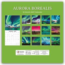 AURORA BOREALIS, 16-Month 2027 Calendar. Bilder der Nordlichter über verschiedenen Landschaften.