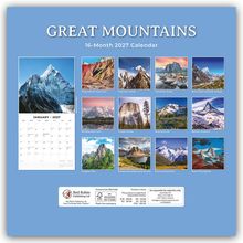 „GREAT MOUNTAINS“, 16-Month 2027 Calendar. Bilder von berühmten Bergen weltweit, darunter Matterhorn und Mont Blanc.
