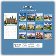"CASTLES" steht oben. "16-Month 2027 Calendar" darunter. Zwölf Schlossfotos sind abgebildet. Links ist ein Monatskalender.