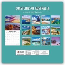 COASTLINES OF AUSTRALIA. 16-Month 2027 Calendar. Verschiedene Küstenfotos und ein Kalenderblatt für Januar 2027.