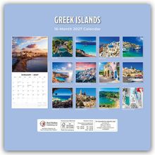 "Greek Islands 16-Month 2027 Calendar." Zeigt zwölf farbenfrohe Landschaftsfotos von griechischen Inseln mit Monatsübersicht.