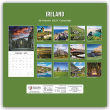 "Ireland. 16-Month 2027 Calendar." Monat Januar 2027 abgebildet. Verschiedene irische Landschaftsfotos auf grünem Hintergrund.