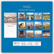 Paris 16-Month 2027 Calendar. Bilder: Arc de Triomphe, Versailles, Notre Dame, Eiffelturm. Januar 2027 Kalenderblatt.
