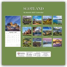 "SCOTLAND, 16-Month 2027 Calendar" oben. Fotos berühmter schottischer Landschaften und Gebäude auf grünem Hintergrund.