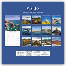 "Wales 16-Month 2027 Calendar" zeigt Landschaftsbilder mit Orten wie Cardiff Castle und Brecon Beacons.