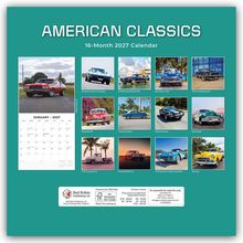 "AMERICAN CLASSICS", "16-Month 2027 Calendar". Bilder von klassischen Autos, darunter Chevy und Ford Modelle.