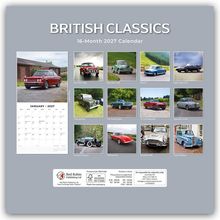 BRITISH CLASSICS, 16-Month 2027 Calendar. Bilder von klassischen Autos wie Austin Mini Cooper, Jaguar, Lotus Elan.