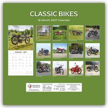 "CLASSIC BIKES. 16-Month 2027 Calendar. Verschiedene klassische Motorräder auf grünem Hintergrund, Januar 2027 Kalenderblatt."