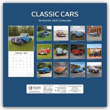 "CLASSIC CARS", 16-Month 2027 Calendar. Fotos klassischer Autos, darunter Aston Martin DB4, Citroën Rosalie, Jaguar XK120.