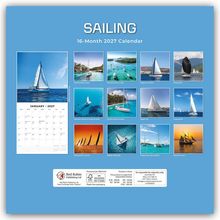 SAILING. 16-Month 2027 Calendar. Bilder von Segelbooten in verschiedenen Kulissen, darunter Sonnenuntergänge und tropische Orte.