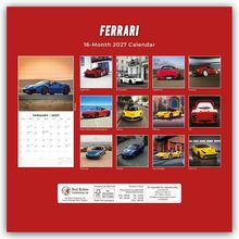 "FERRARI 16-Month 2027 Calendar" mit Bildern verschiedener Ferrari-Modelle auf rotem Hintergrund.