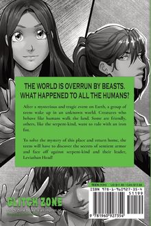 "The world is overrun by beasts. What happened to all the humans?" Drei Manga-Charaktere mit entschlossenen Gesichtsausdrücken.