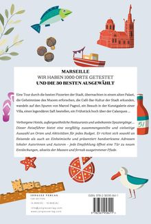 MARSEILLE: 1000 Orte getestet, 30 ausgewählt. Bieten Vielfalt für jedes Budget. Illustrationen von Fischen und Gebäuden.