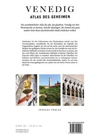 "Venedig: Atlas des Geheimen" und Text über versteckte Orte. Drei Bilder: Büste, Garten, gotische Architektur. Jonglez Verlag.