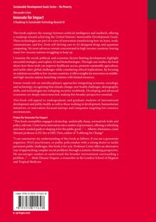Roter Hintergrund mit weißem Text: Buchtitel "Innovate for Impact" von Alessandro Crimi. Text über KI und Medizintechnik.