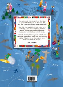 Ein Text beschreibt eine Weltreise durch 20 Metropolen wie New York, Paris, Tokio. Darunter farbenfrohe Illustrationen von Menschen und Sehenswürdigkeiten.