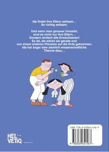 Ida findet ihre Eltern seltsam... Illustration: Kind mit skeptischem Gesichtsausdruck und bunten, verwirrten Erwachsenen.