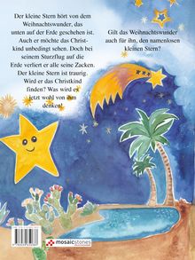 Text erzählt von einem kleinen Stern auf der Erde, besorgt, das Christkind nicht zu treffen. Illustration mit Sternen, Palme und Kakteen.