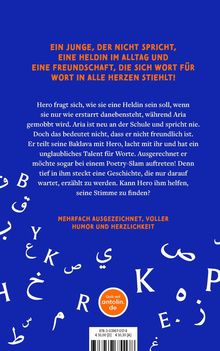 Text auf blauem Hintergrund: Geschichten über Freundschaft, Heldentum und den Mut, die eigene Stimme zu finden. Arabische und lateinische Buchstaben schweben.