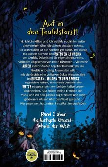 "Auf in den Teufelsforst! Band 2 über die lustigste Grusel-Schule der Welt." Illustration mit dunklem Wald und leuchtenden Augen.