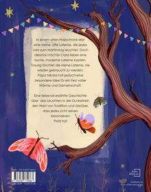 Texte über eine alte Laterne, Traditionen und eine Geschichte des Lichts. Nachtlandschaft, Baum, Girlande, bunte Schmetterlinge.
