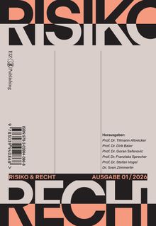 "RISIKO & RECHT, AUSGABE 01/2026. Herausgeber: Prof. Dr. Tilmann Altwicker, Prof. Dr. Dirk Baier. Grafik in Orange und Schwarz."