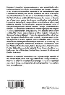 Text beschreibt Europas Integration unter Druck von Krieg, geopolitischer Rivalität und digitalem Wandel, mit Autorenliste. Unten ISBN und ein Logo.