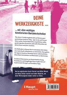 Text: "Deine Werkzeugkiste ... mit allen wichtigen künstlerischen Überlebenstechniken."  
Im Hintergrund sind Menschen draußen zu sehen.