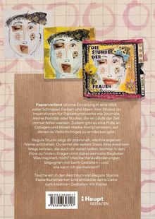 Text: „Papierverliebt ist eine Einladung in eine Welt voller Schnipsel, Farben und Ideen. Hier findest du Inspirationen...“. Zwei abstrakte Gesichter und ein farbenfrohes Kunstwerk mit dem Text „Die Stunde der Frauen“.