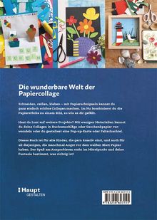 Die wunderbare Welt der Papiercollage. Oben Collagen mit Schere und Papier. Unten blauer Hintergrund mit Text.