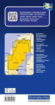 "Reiseinformationen", "Legende", "Ortsverzeichnis". Karte von Nordskandinavien in Gelb und Blau mit Städtenamen.