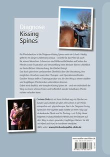 Buchcover über Kissing Spines bei Pferden. Oben links: "Diagnose Kissing Spines". Foto einer Frau mit einem Pferd. Unten ein Text über Corinna Dicks.
