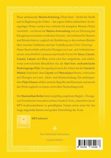 Gelber Hintergrund mit Text über Mantra-Schulung, Rituale und MP3-Inklusion. Verziert mit traditionellen Mustern.