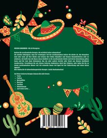 Text über 60 mexikanische Rezepte, vielfarbige Sombreros, Gitarre, Maracas, Blumen und Girlanden im mexikanischen Stil.