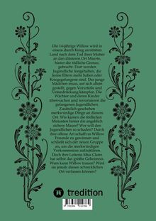 Zentrales Textfeld beschreibt Willows Geschichte in einem kriegszerstörten Land. Zwei florale Verzierungen an den Seiten. "tredition"-Logo unten.