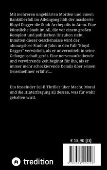 Text beschreibt eine spannende Sci-Fi-Geschichte über Morde und einen maskierten Rächer in der Stadt Archepolis im All. Unten: trediton Logo, Preis €15,90.