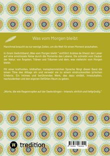 Titel: "Was vom Morgen bleibt". Gedichtband über emotionale Lebensreisen und Natur. Hintergrund mit buntem, kreisförmigem Muster.