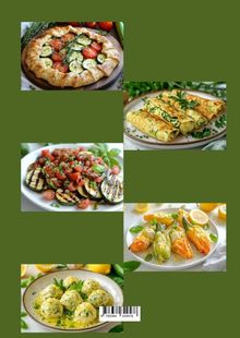 Ein Barcode ist unten. Verschiedene Teller mit mediterranen Gerichten wie Tarte, gefüllte Crepes und gegrilltem Gemüse.