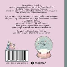 Text über ein Weihnachtsbuch: Einladung zu einer magischen Adventsreise mit Geschichten. Schneekugel- und Prinzessinnen-Illustration.