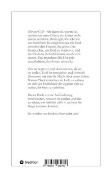 Text über Zeit und Geld, Diskussion über deren Wert und Einfluss. Aufforderung zur Bewusstwerdung. Logo von "tredition".