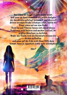 Text beschreibt das schwierige Leben als Engel und ein großes Abenteuer. Illustration zeigt Silhouette eines Mädchens und einer Katze.