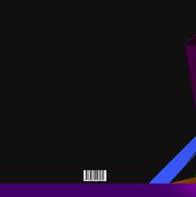Ein Barcode unten; links dunkle Leere, rechts bunte geometrische Formen in blau und lila.