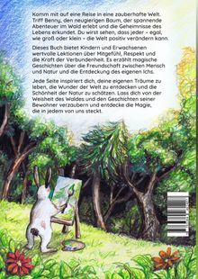 "Komm mit auf eine Reise in eine zauberhafte Welt...". Illustration: Hase malt im Wald auf Leinwand. Bäume, Blumen, bunte Farben.