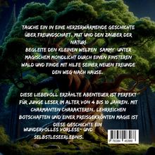 Ein großer Baum in einem Mondscheinwald. Text spricht von Abenteuer, Freundschaft und Magie für Kinder von 4-10 Jahren.